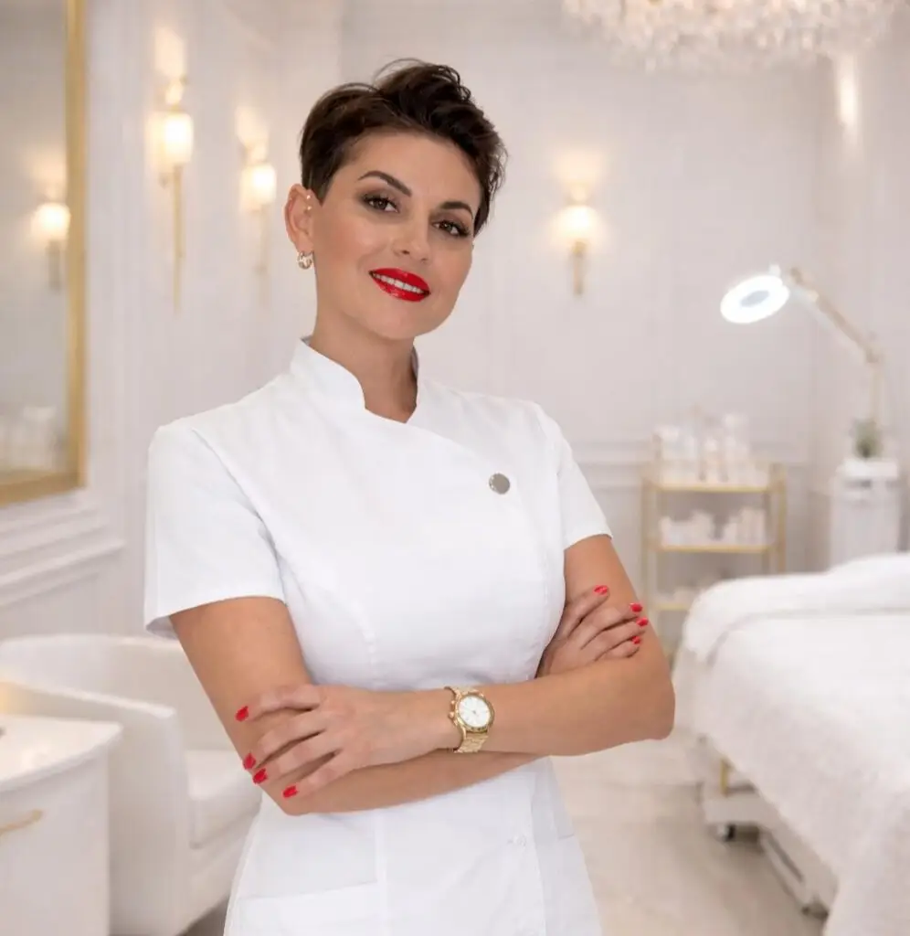 Melissa Bullinger, Inhaberin von Beauty Boulevard Frankenthal, in weißer Kosmetik-Uniform im modernen Behandlungsraum – seit über 20 Jahren Erfahrung.